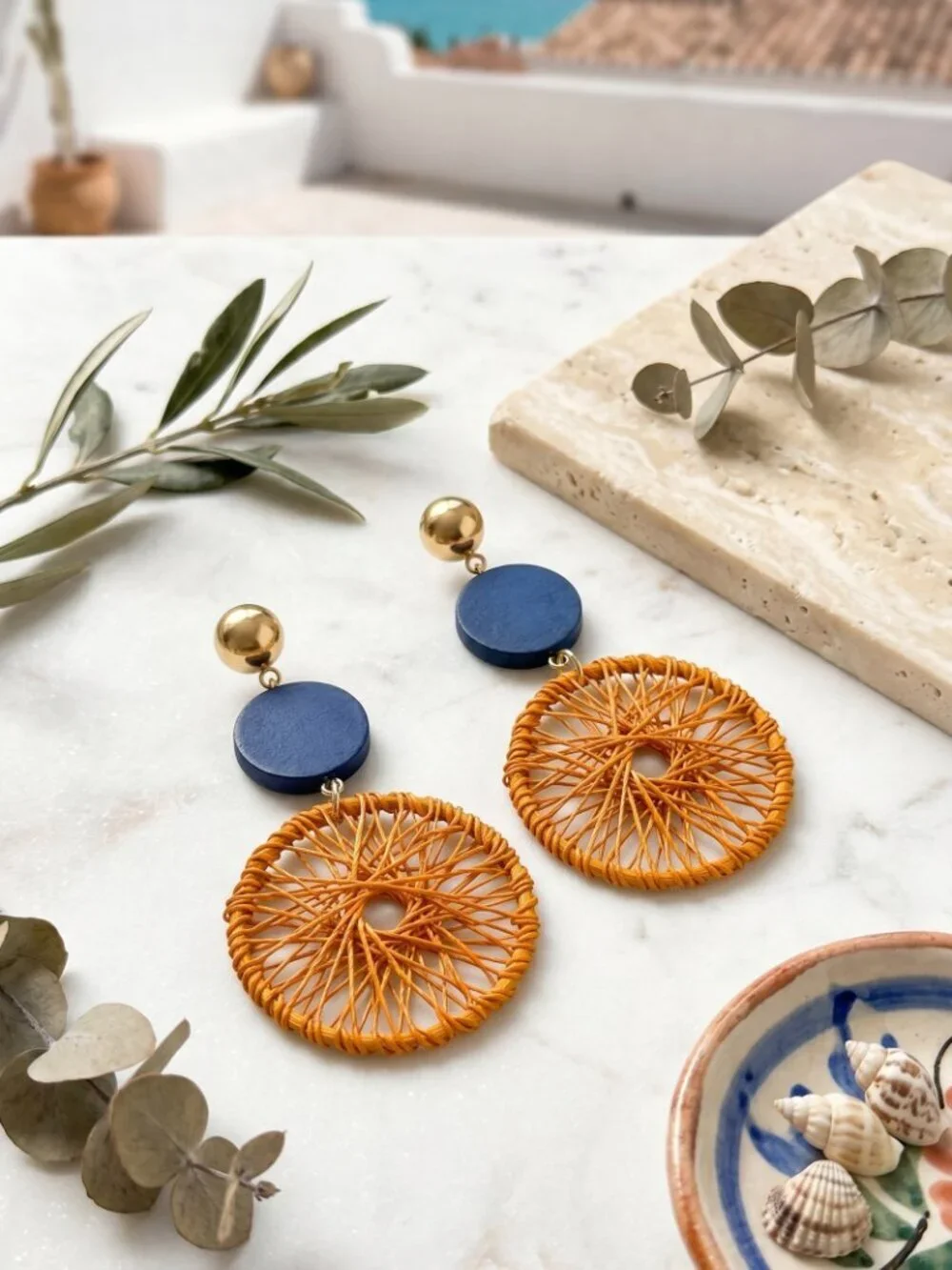 Handwoven Spiral Dangle Earrings Navy Gold Wood Disc Mediterranean 2.6